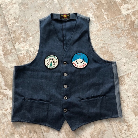 VINTAGE 70's Western Wear Inc Denim Cowboy Vest Mens Size 40 Medium PatchesSiz